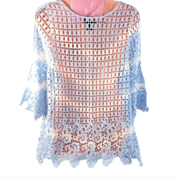 Step In Style One Size Women's Crochet Baby Blue Blouse 100% Cotton - Picture 6 of 14